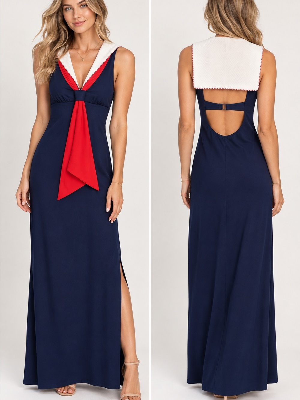 Vintage Sailor Dress Navy Red White Nautical Maxi Open Back